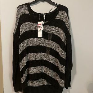 Kensie Womens Knit Striped Sweater Grey Black New Large